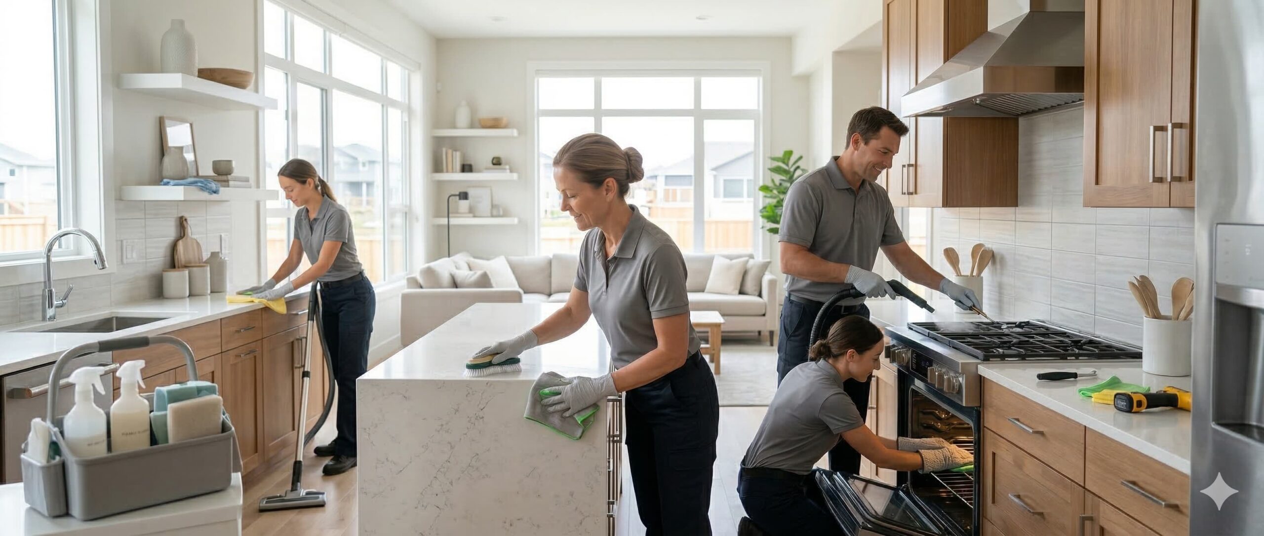 Professional deep cleaning service in a modern kitchen