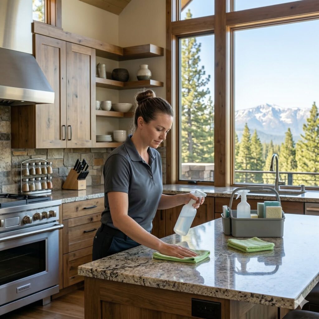 Cleaning service in a Lake Tahoe vacation home with mountain-style interior